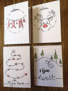 four christmas cards with hand drawn designs on them, one for santa and the other for reindeer