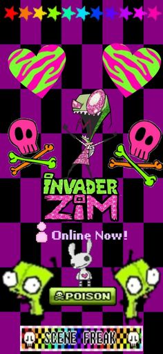 an advertisement for the game invade zom, which features skulls and hearts on purple squares