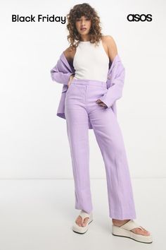 Linen Pants by & Other Stories Part of a co-ord set Blazer sold separately Regular rise Belt loops Concealed fly Side pockets Cropped length Regular fit Pastel Trousers, Linen Suit Women, Lavender Suit, Linen Suits Women, Wedding Guest Suits, Purple Linen, Trouser Outfit, Suit Women, Linen Suit