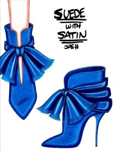 a blue high heeled shoe with a large bow on the side and an advertise