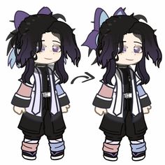 an anime character with long black hair and purple eyes, standing next to each other