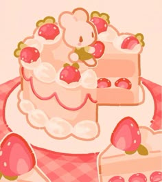 there is a cake with strawberries on it and a teddy bear next to it