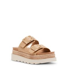 Madden Girl's Mythicall is our beloved flatform sandal. This style is the perfect style for summer because it can be dressed up or dressed down depending on your outfit! With two buckles and a platform, this is the style to elevate any outfit. Comes in multiple colorways. Size: 9.5.  Color: Beige.  Gender: female.  Age Group: adult. Summer Platform Footbed Sandals In Synthetic, Synthetic Platform Footbed Sandals For Summer, Summer Synthetic Platform Footbed Sandals, Summer Style Synthetic Platform Footbed Sandals, Spring Platform Footbed Sandals In Synthetic, Summer Beige Platform Footbed Sandals, Beige Platform Footbed Sandals For Summer, Synthetic Platform Footbed Sandals For Vacation, Cheap Synthetic Platform Footbed Sandals For Vacation