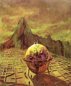 an illustration of a futuristic city surrounded by mazes and mountains with people walking around it