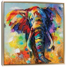 an elephant painted with multicolors on a blue and yellow background is featured in this painting