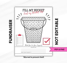 the fill my bucket game is shown in red and white with an arrow pointing to it