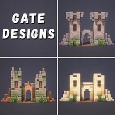 four different views of an old castle with the text gate designs above it and below