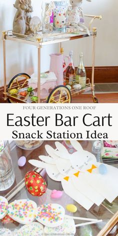 an easter bar cart filled with cookies and candy