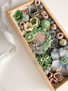 an open box filled with lots of different types of succulents and flowers