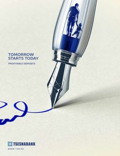 a fountain pen with the words tomorrow starts today written in blue ink on white paper