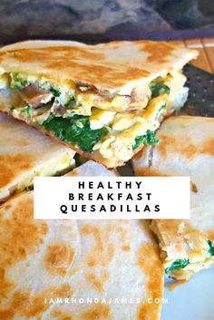 healthy breakfast quesadillas stacked on top of each other