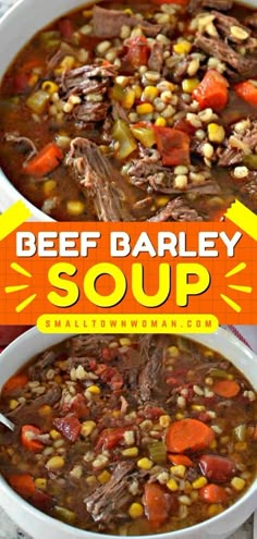 beef barley soup with carrots and corn in a white bowl