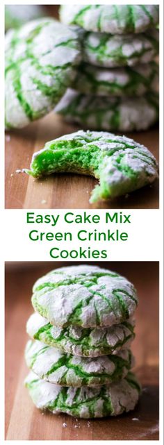 green crinkle cookies stacked on top of each other with the words easy cake mix in