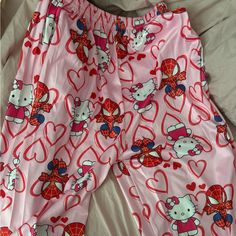 Pink Hello Kitty And Spider-Man Pajama Pants Size Large I’m 5’2 Size Small And This Now They Fit Me Comes With Bonus Hello Kitty Plush Keychain <3 Never Worn (Except For In These Pics For Reference) Cute For Valentine’s Day ! Red Long Pants Bottoms For Bedtime, Red Long Bottoms For Bedtime, Red Long Pants For Bedtime, Hello Kitty Print Bottoms For Pajama Party, Cute Hello Kitty Print Bottoms For Pajama Party, Cute Hello Kitty Print Loungewear Bottoms, Hello Kitty Print Sleepwear For Pajama Party, Playful Pink Pajama Party Bottoms, Playful Pink Bottoms For Pajama Party