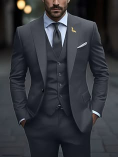 Dark Grey Work,Party Collar   Colorblock,Plain  Embellished Non-Stretch Spring/Fall,All Men Clothing Formal Graduation Outfit Men, Mans Suit Style, Best Suit Colors For Men, Suit For Graduation Men, Graduation Suits Men, Dark Grey Suit Men, Party Suits Men, Suits For Men, Party Dress For Men