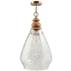 an old fashioned glass light hanging from a ceiling fixture with a wooden top and metal fittings