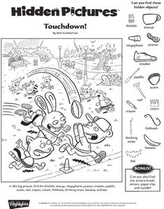 the hidden pictures coloring book is open to pages with cartoon characters and other things in it