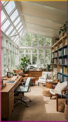 a home office with lots of bookshelves and furniture in the sunlit room