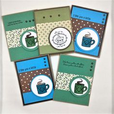 four handmade greeting cards with coffee mugs and polka dots on green, brown and blue