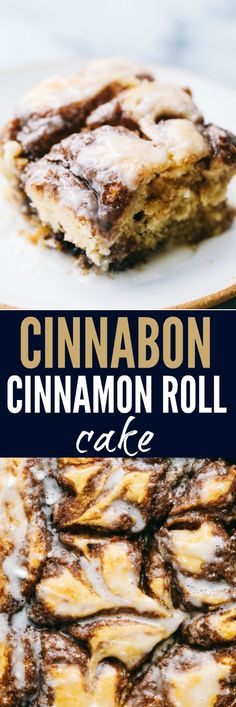 cinnamon roll cake on a white plate with the title in blue and yellow above it