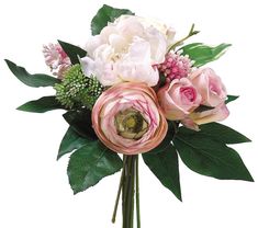 a vase filled with pink and white flowers on top of a green leafy plant