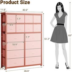 a woman standing next to a pink dresser with drawers and measurements for the top drawer