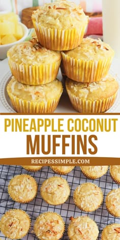 Pineapple muffins stacked on white plate and pineapple coconut muffins on wire cooling rack.