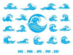 various blue waves in the shape of a circle on a white background with text that reads svg, png, eps and dxf