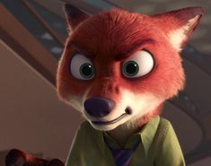 an animated fox wearing a green shirt and tie