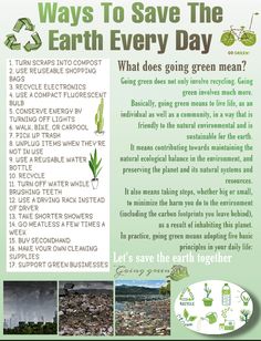 a green poster with the words ways to save the earth every day and pictures of trash