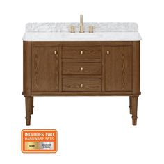 a bathroom vanity with marble top and two drawers