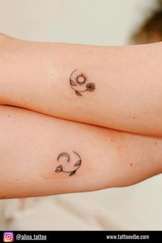 two small tattoos on the arms of women with flowers and crescents tattooed on them