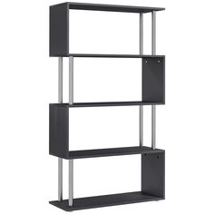 a black book shelf with three shelves on each side and two metal bars at the bottom