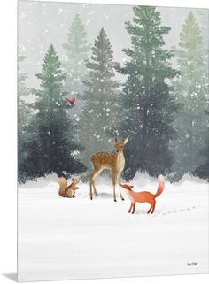 a painting of two deer in the snow