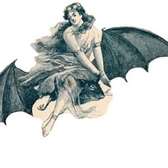 a drawing of a woman sitting on top of a bat