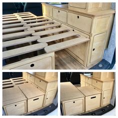 the bed frame is made out of plywood and has drawers underneath it for storage