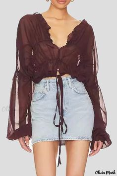 Olivia Mark - Chiffon Blouse with V Neck and Ruffled Trim - Perfect for Travel V Top, Chiffon Collection, Women Formals, Chiffon Blouse, Blouse Styles, Chiffon Fabric, Casual Fall, V Neck Tops, Bell Sleeve