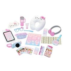 the contents of a hello kitty doll are shown in this toy set, with accessories