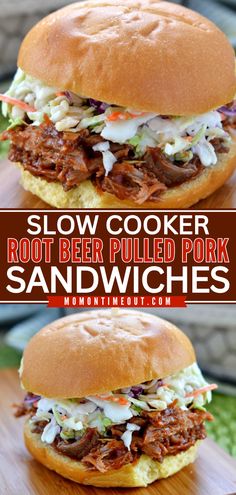 Always a great game day recipe! This football party food featuring crockpot pulled pork is an easy appetizer or snack idea with only 4 ingredients. With their delicious taste, these Slow Cooker Root Beer Pulled Pork Sandwiches are sure to be a hit! Root Beer Pulled Pork, Pulled Pork Crock, Rootbeer Pulled Pork, Beer Pulled Pork, Tartiflette Recipe, Crock Pot Pulled Pork Recipe, Pork Crockpot Recipes, Pulled Pork Sandwiches, Mom On Timeout