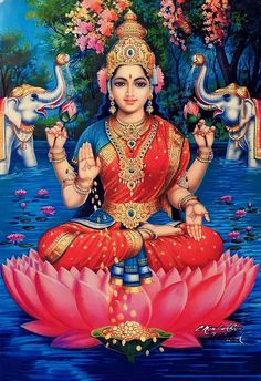 the hindu goddess sitting on top of a pink flower