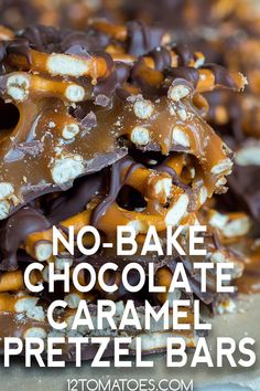 no - bake chocolate caramel pretzel bars stacked on top of each other