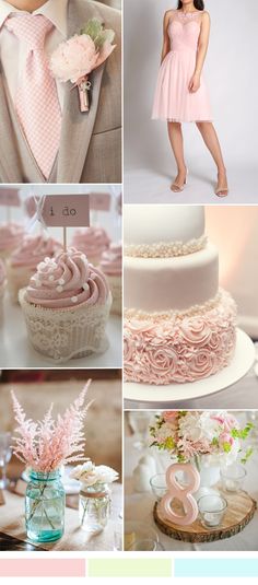 a collage of pink and gray wedding colors with flowers, cake, cupcakes