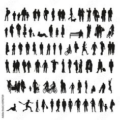 a large group of people standing around each other in silhouettes on a white background