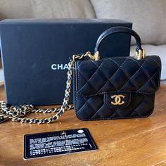 Excellent Condition Includes Box Card Dustbag 5”X3.5”X1” 21” Strap Drop Lambskin Black Chanel Top Handle, Chanel Top, Box Card, Baddie Hairstyles, Chanel Bags, Chanel Bag, Mini Bag, Top Handle, Coin Purse