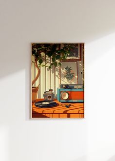 a painting hanging on the wall next to a table with a record player and potted plant