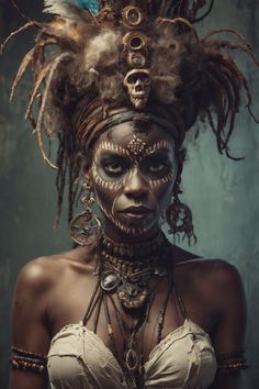 Voodoo Outfits Costume Ideas, Voodoo Witch Doctor Makeup, Voodoo Woman, Priestess Outfit, Witch Doctor Costume Female Diy, Voodoo Halloween Makeup, Voodoo Queen, African Witch