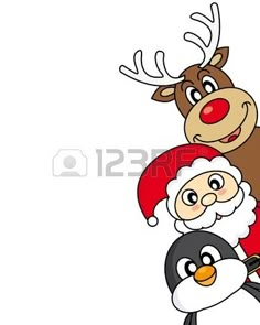 an image of santa claus and penguin with reindeers on their backs, cartoon style