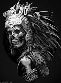 Mayan Skull Tattoo Design, Aztec Skeleton, Mayan Skull, Pile Of Skulls Tattoo, Aztec Skull, Aztec Queen, Aztec Tattoo Mexican, Aztec Headdress