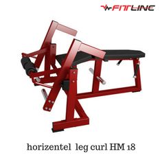 a red bench sitting on top of a white background with the words, horizon leg curl h