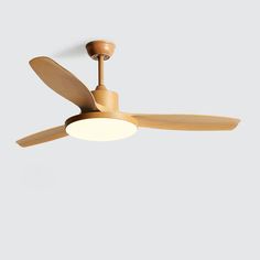 a ceiling fan with a light on the side and a wooden blade attached to it